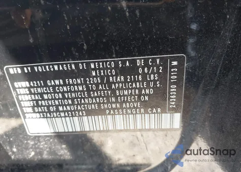 2012 Volkswagen Jetta 2.5L Se z USA, uszkodzony, nr VIN 3VWDX7AJ9CM421243